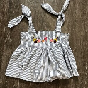 Zara‎ Trafaluc Striped Floral Embroidered Tie Strap Smocked Top L